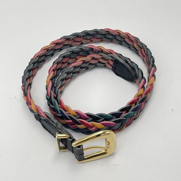 Omega Womens Braided Leather Belt Multicolor Woven SIZE MEDIUM 34" 90s Boho Gold - Picture 2 of 5